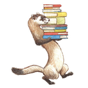 Illustration of a black-footed ferret carrying a stack of books