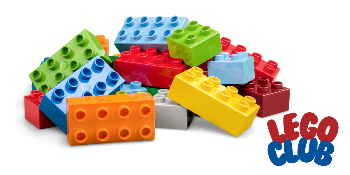 Colorful Lego Bricks in a pile with text that reads Lego Club