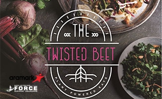 The Twisted Beet Logo place on top of an image with plates of food