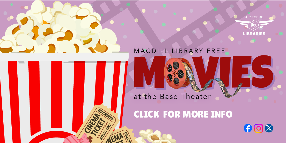 Movies at the Base Theater text with purple backgound and popcorn graphic