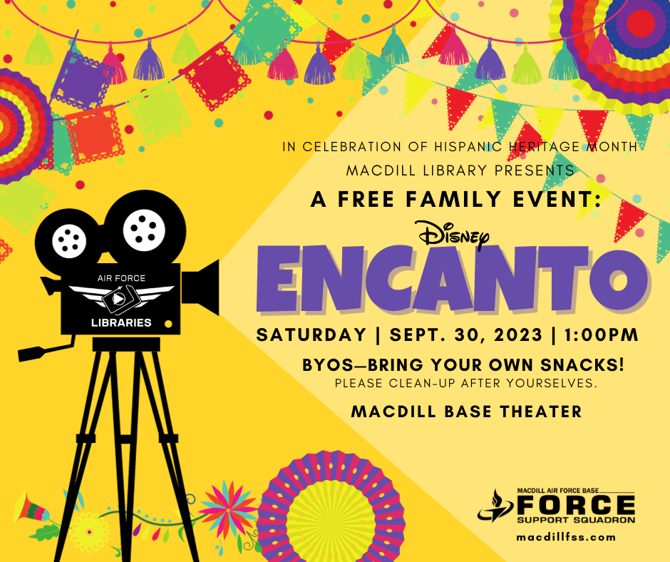Image with a simple movie camera graphic and a yellow background promoting the movie Encanto at MacDill Base Theater