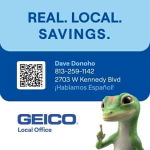 Real. Local. Savings. Ad for Geico Insurance with a picture of a Gecko