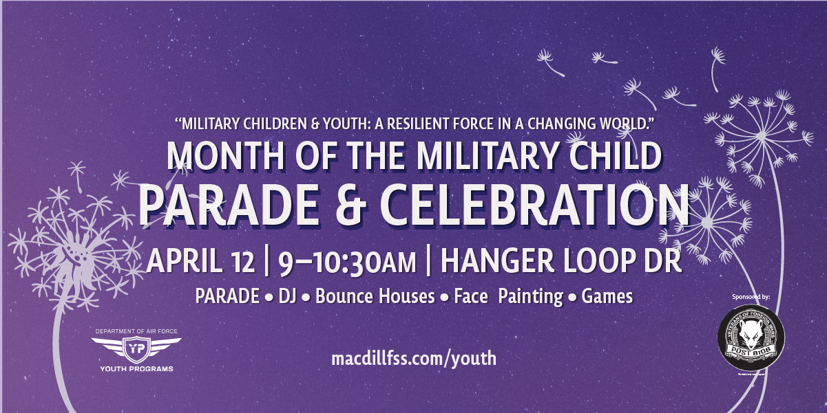 White text on a purple background that reads: Month of the Military Child Parade and Celebration